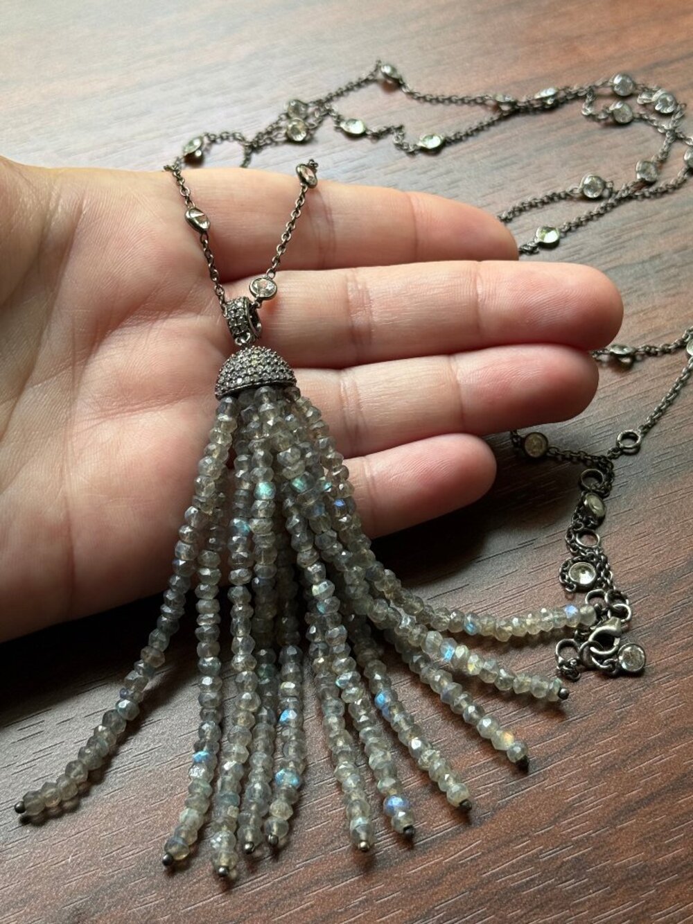 Labradorite and CZ Tassel Station Necklace in Oxidized Sterling Silver